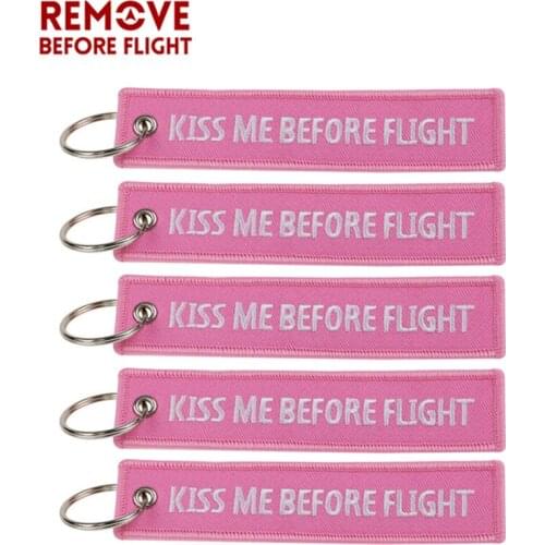 5 PCS lovely Pink Keychain Kiss Me Before Flight Key Ring Embroidery Key Fobs Key Chain Bag Car Hanging Pendant Jewelry For Cars