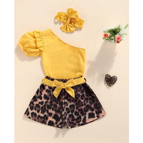 FOCUSNORM 0-4Y Summer Infant Baby Girls Clothes Sets 3pcs Puff Sleeve One Shoulder T Shirts Leopard Shorts With Belt Headband
