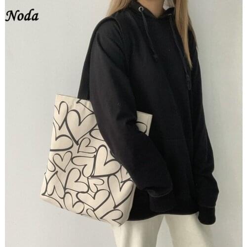 Harajuku Shoulder Bags Women Heart Pints Canvas Large Capacity Zipper Korean Style Ins Teenagers Travel Simple Purse New