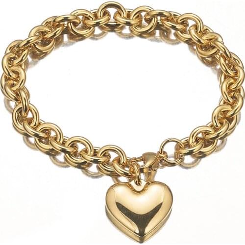 Personality Gold Silver Color 8mm 7-11 inch Stainless Steel O Chain Heart Charms Bracelet For Woman Lovers Best Gift Jewelry