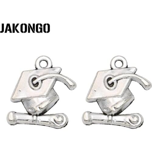 JAKONGO 10PCS Antique Silver Plated Graduate Bachelor Cap Charms Pendants for Jewelry Making Bracelet Accessories DIY 17x14mm
