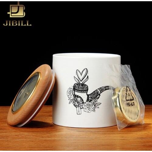RU-JIBILL Printing Ceramic Jar Humidor Easy to Carry Natural Beech Wood Lid CigarTobacco Tea Coffee Beans Candy cg0015