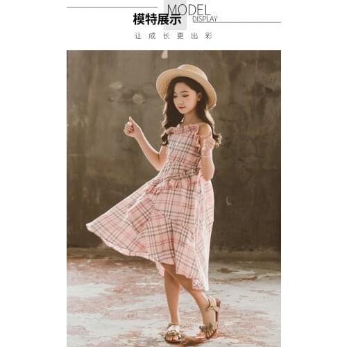 Girls' big childrens summer western-style dress new Korean version of plaid suspender skirt girl princess dress