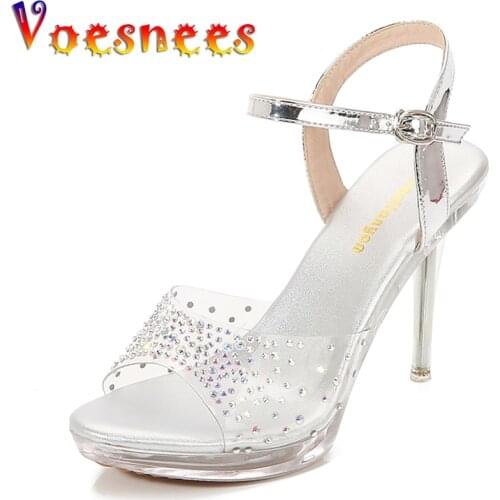 Summer Temperament Women Shoes 2021 New Design Transparent Rhinestone Silver Office Sandals 10CM Super Model Show High Heels