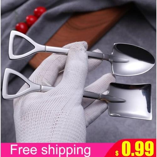 Stainless Steel Iron Flat Shovel Spoon Coffee Spoon Ice Cream Engineering Shovel Retro Cute Square Head Spoon Kitchen Gadget