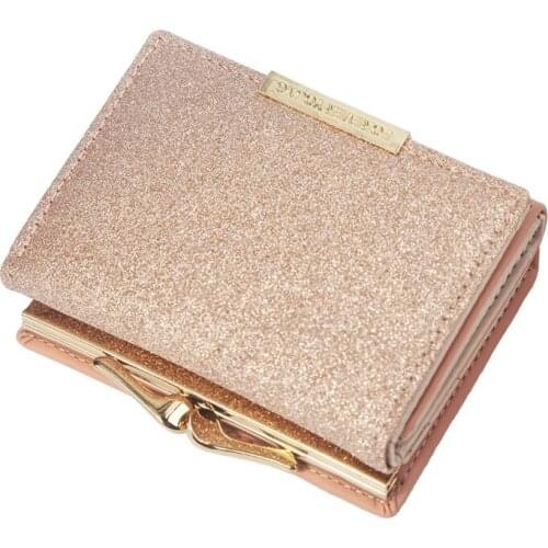 Fashion 6 Colors Optional Ladies Wallet Pu Leather Short Card Holder Casual Sequins Tri-Fold Classic Metal Button Coin Purse