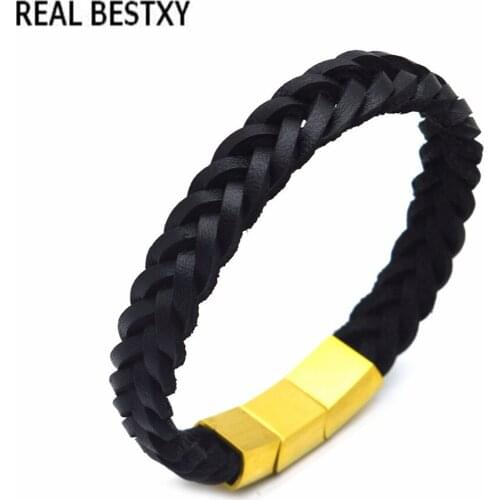 REAL BESTXY engrave three stainless steel magnet clasp genuine leather bracelets for women and men leather bracelets wholesale