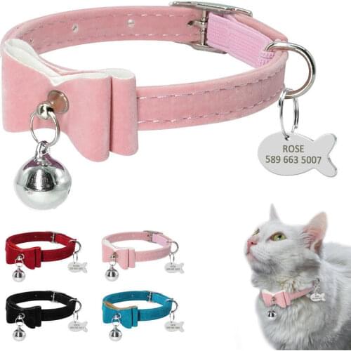Cat Collar With Bell Personalized Kitten Puppy ID Tag Bowknot Collar Customized Cat Dog Collars Name Pink Blue Free Engraving