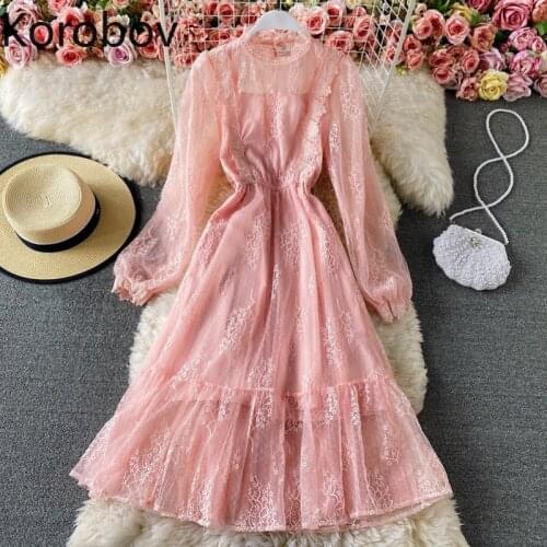 Korobov Temperament Pink Dress Women O Neck Puff Sleeve Slim Waist A Line Lace Dresses Female New Fashion 2021 Vestidos Mujer
