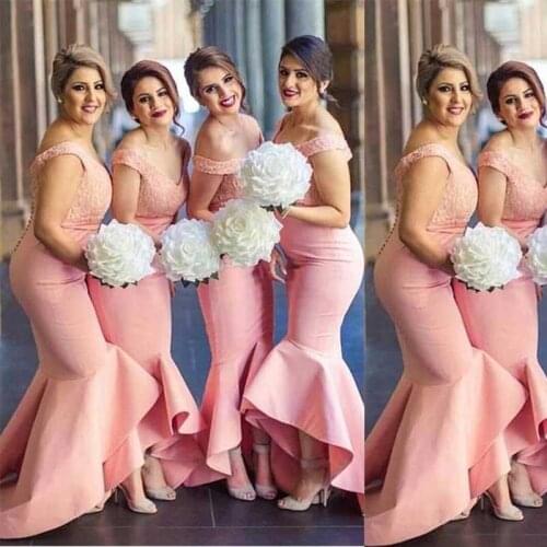 Custom Made Simple Cheap Pink Off The Shoulder V Neck High Low Wedding Guest Dress Bridesmaid Dresses