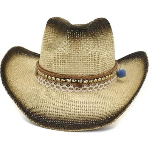 Summer Black Spray Paint Women Men Panama Style Straw Hat Fashion Cowboy Hat Rope Ribbon Decor Wide Brim Visor Cap Beach Sunhat