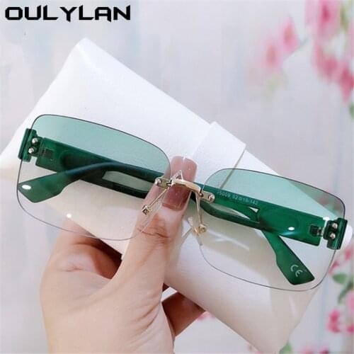 Oulylan Rectangular Frameless Sunglasses Women 2021 Luxury Gradient Green Sun Glasses Ladies Design Hollow Temples Eyewear UV400