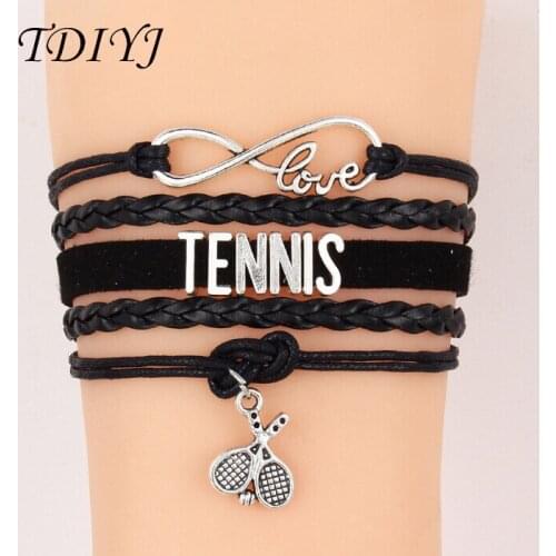TDIYJ Trendy Multilayer Infinity Love Twisted Leather Bracelet with Slide Charms TENNIS and Racket Pendant 6sets/lot