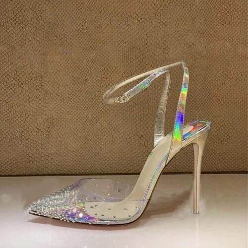 Sexy Crystal Embellished Clear PVC Pointed Toe Pumps Woman Colored Radiant Leather Ankle Strap Party Wedding Heels Dress Shoes