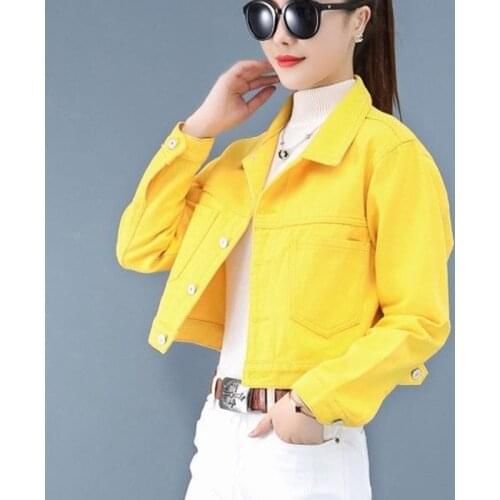 Jeans Jacket and Coats for Women 2021 Autumn Casual Short Denim Jacket Pink Yellow Pockets Lady Denim Coat Outerwear Clothes