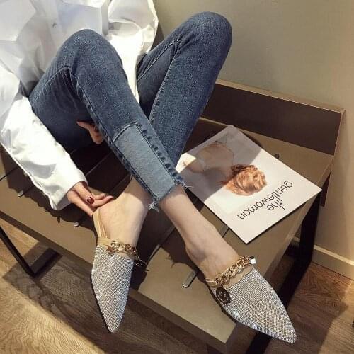 Comemore Pointed Toe Half Slippers Female Summer 2021 New Fashion Rhinestone Lazy Flats Sandals Casual Slippers Slides Shoes