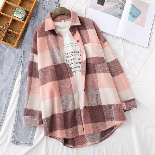 Spring New Womens Large Plaid Full-sleeved Thick Warm Woolen Sweater Jacket Oversized Top Fashion Girl Casual Jacket Streetwear