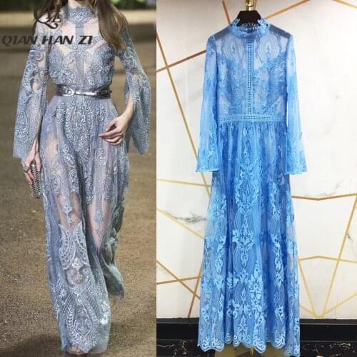 Qian Han Zi 2020 Fashion Summer Runway Maxi Dress Womens Flare Sleeve Elegant High-Quality Hollow Out Embroidered Long Dress