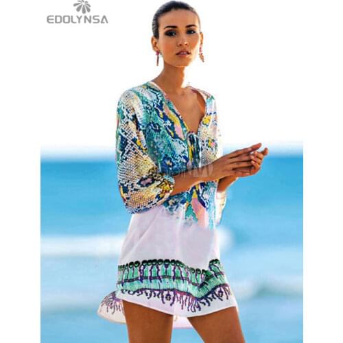 New Arrivals Beach Caftan Swimsuit Cover up Print Chiffon Pareo Women Robe Plage Swimwear Dress Sexy Sarong Beach Tunic #Q152