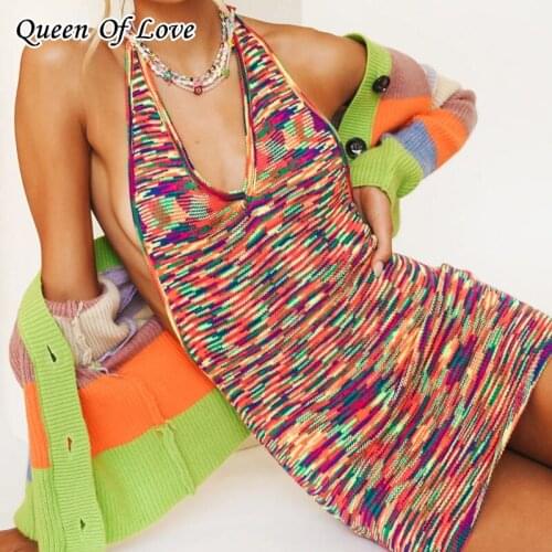 Y2K Fashion Knitted 2021 Summer Dress Women Sleeveless Hot Sexy Backless Halter Mini Dresses Bodycon Chic Beach Outfits