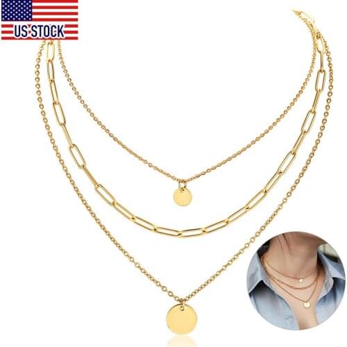 Gold Color Multi Layered Choker Necklace for Women Girl Stainless Steel Rolo Box Link Chain Engraving Pendant Adjustable DN202A