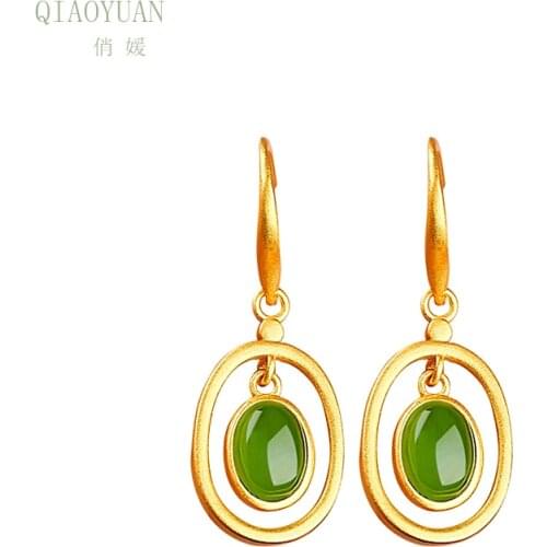 Golden earings jade earrings for women Gemstone costume jewelry Jasper Earrings Jade Womens Retro Emerald gold earrings
