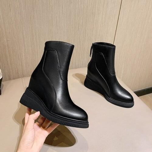2020 New winter Japan South Korea Genuine leather ankle Women boots 8cm wedges Fashion boots black Women shoes Size 34-39