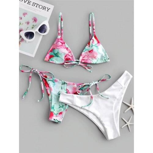 3 Piece Bikini Women Floral Print Push Up Swimsuit Bathers Bathing Suit Brazilian Lace Up Bandage High Cut Micro Swimwear
