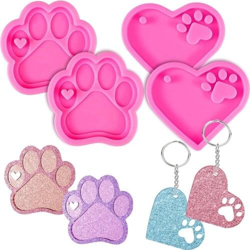 4 Pieces Heart Shape Bear Foot Paw Keychain Silicone Mold with Heart Shaped Hole Keychain Silicone Mould Fondant Baking Molds
