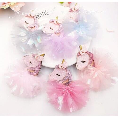 5Pcs 9CM Beauty Unicorn With Mesh Skirt Applique For DIY Clothes Shoes Hat Headwear Clips Crafts Decor Patches