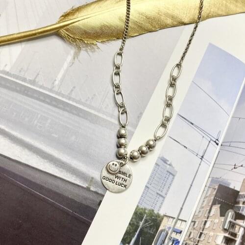 925 Sterling Silver Necklace Retro Thai Silver Smiley Face Round Bead Clavicle Chain Punk Letter Round Card Sweater Chain