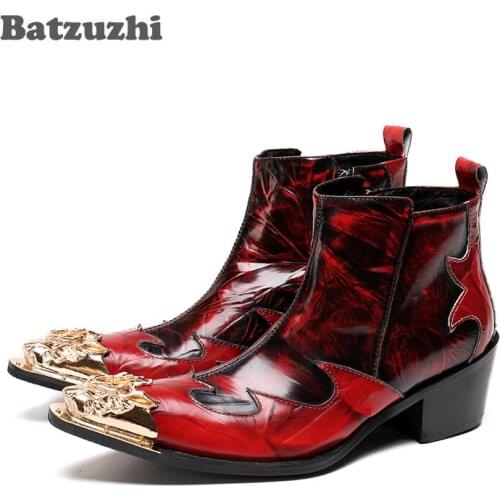 Batzuzhi 2018 New Spring Men Boots Red Leather Ankle Boots Men Metal tip Red Wedding and Party Mens Boots Botas Hombre, EU38-46