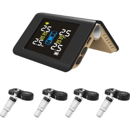 Beige TPMS Solar Power Tyre Pressure Monitoring System with 4 Sensors LCD Real-time Display Car Tire Pressure Auto Alarm System