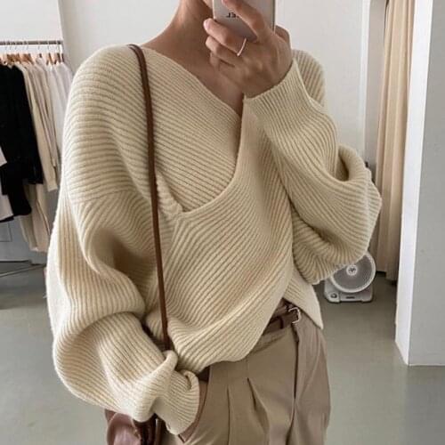 Black Apricot Cute Loose Winter 2021 Jumpers Cropped Sweater Woman V Neck Warm Tops Thick Knitted Autumn Korean Solid Pollover