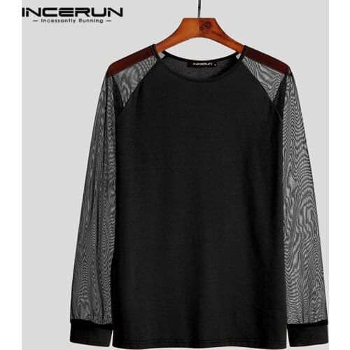 Men T Shirt Mesh Patchwork O Neck Long Sleeve Streetwear Casual Sexy Tee Tops 2021 Fashion Party Nightclub Camisetas 5XL INCERUN