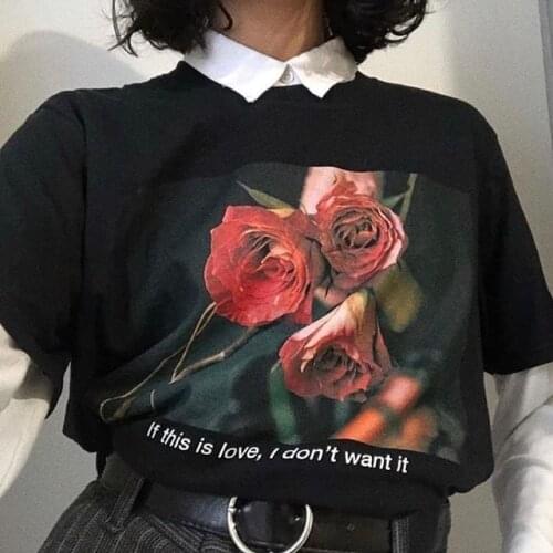 HAHAYULE-JBH If This Is Love I Dont Want It Letter Print Top Halajuku Cartoon Style Printed Rose Loose Black Big Short Sleeve