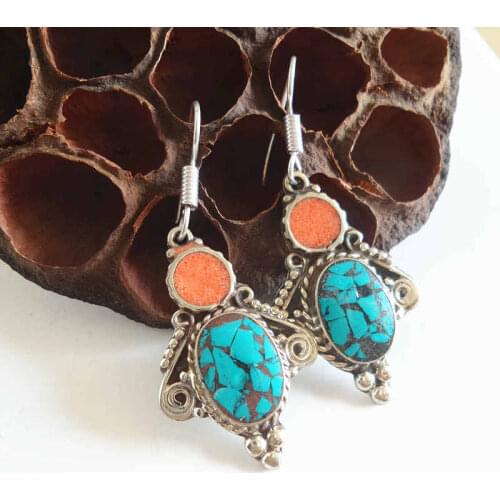 Indian Vintage Colorful Handmade Earrings Nepal Copper Inlaid Colorful Stone E003