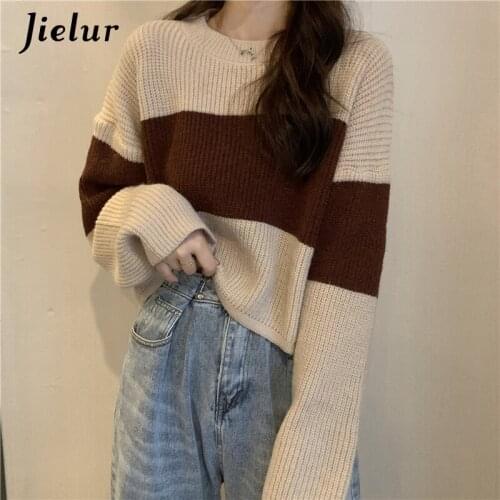 Jielur Fashion Pullovers Striped Sweater Womens Loose Long-sleeved Casual Sweaters Knitted Retro Ladies Pull Femme Jumper S-L
