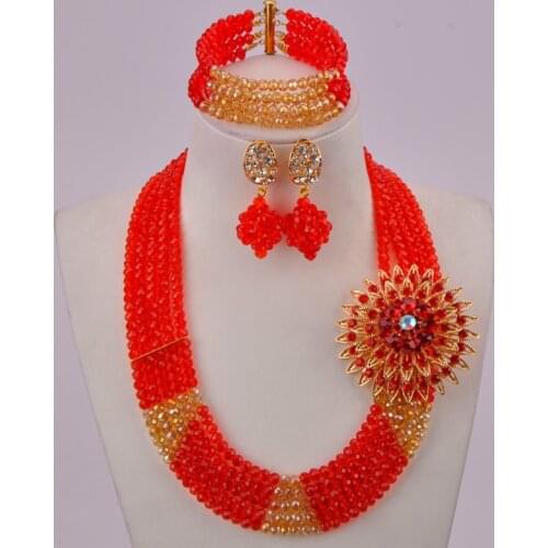 Red and Champagne Gold AB Crystal Beads Necklace Sets African Jewelry Set for Women Nigerian Wedding