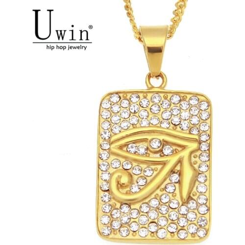 UWIN Hip hop Bling Rhineston Eye Of Horus Pendant Men Jewelry Style Stainless Steel Gold Color Pendant Necklace Cuban Chain
