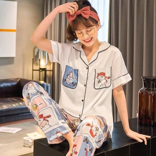 Summer Pajamas Women Sleepwear Plus Size XXXL Loose Version Cartoon Pajama Set Silk Short Sleeved Shorts Suit