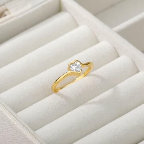 Minimalist Zircon Crystal Heart Rings For Women Gold Color Stainless Steel Fashion Charm Jewelry Wedding Couple Gifts