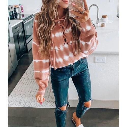 Fashion Autumn Womens Printed Hoodie Feature Lace Up Long Sleeve Clothes Autumn Strappy Top Sports