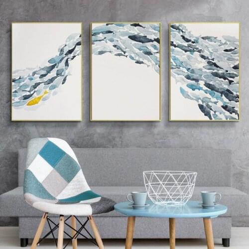 Nordic Style Seascape Shoal of Fish Abstract Canvas Art Painting Scandinavian Simple Home Decoration For Dining Room Restaurant