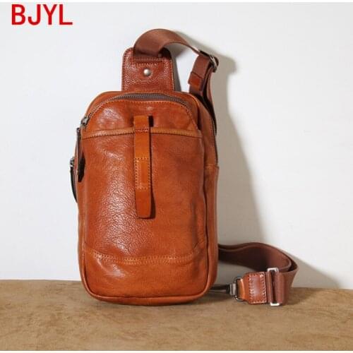 Retro Handmade Mens Chest Bag Tide Back Pack Men Cowhide Casual Shoulder Bag Genuine Leather Mini Messenger Bags 2021 Original