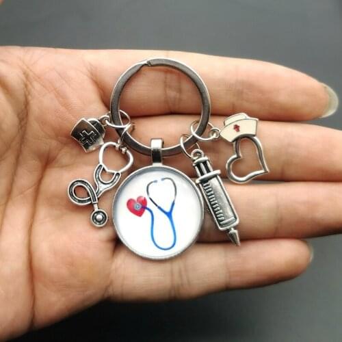 New Fashion Creative Nurse Medical Syringe Stethoscope Image Keychain Glass Cabochon and Glass Dome Key Ring Pendant Gift