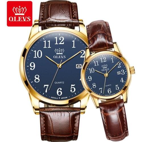 OLEVS 5566 New Fashion Couple Watches Popular Casual Quartz Men And Women Gift Leather Minimalistic Calendar Wristwatch