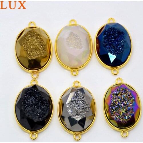 Oval Agates Druzy Geode connector multi color drusy stone charms gold setting drusy jewelry High Quality pendant