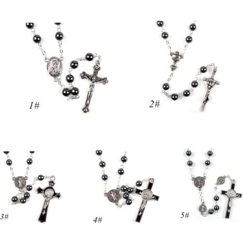 5 Styles Religion Cross Pendant Rosary Beads Necklace Catholic Long Chian Hematite Black Choker Jewelry For Unisex