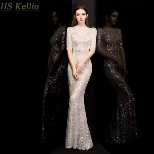 Celebrity-Dress Mermaid Silver Half Sleeve Women Evening Celebrity Dresses 2020